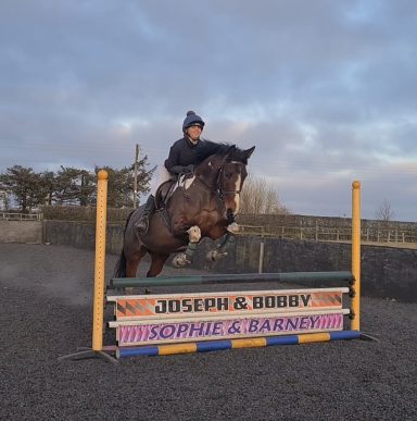 A rider jumping a horse over a and colourful obstacle in an outdoor arena.