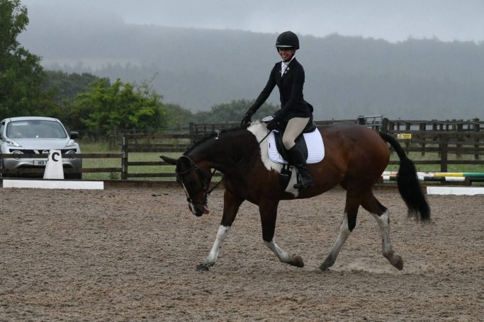 A rider in black attire performs dressage on a brown horse in an outdoor arena.